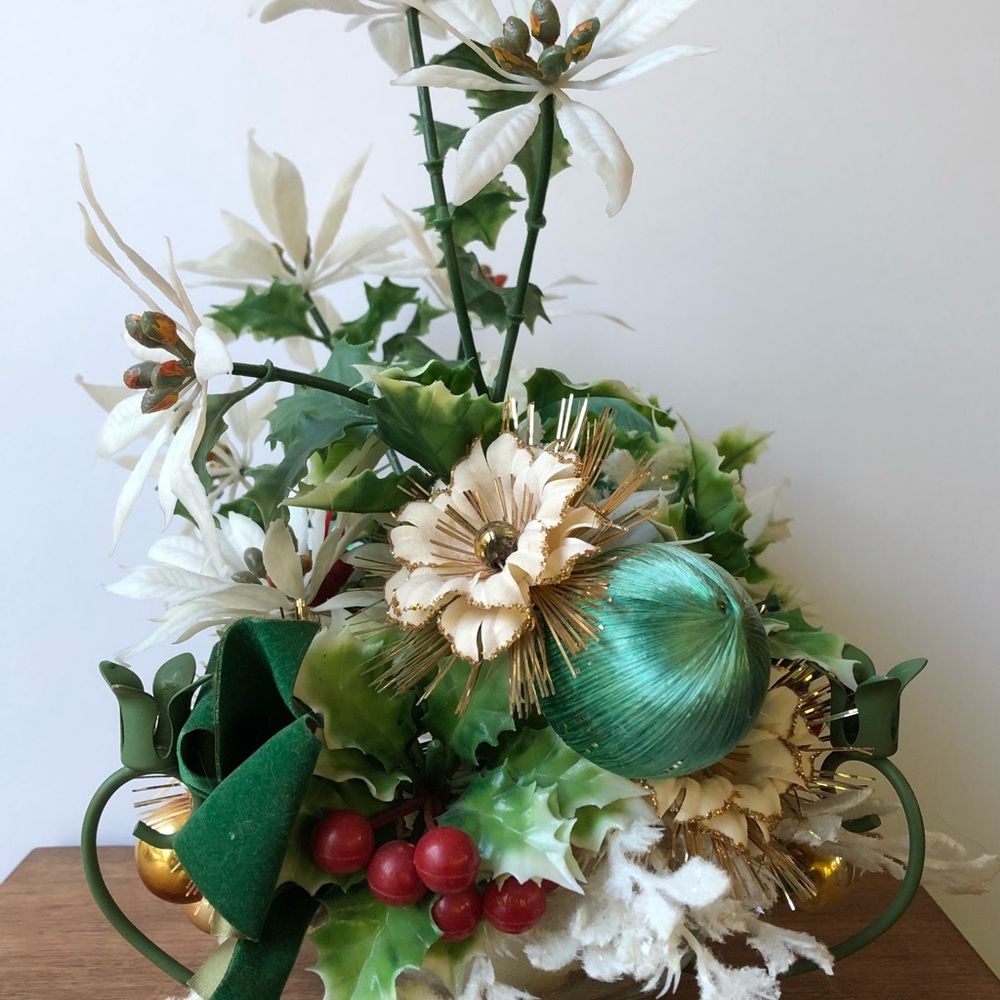 Vintage MCM Christmas Atomic Floral Centerpiece Green Satin Balls Kitsch